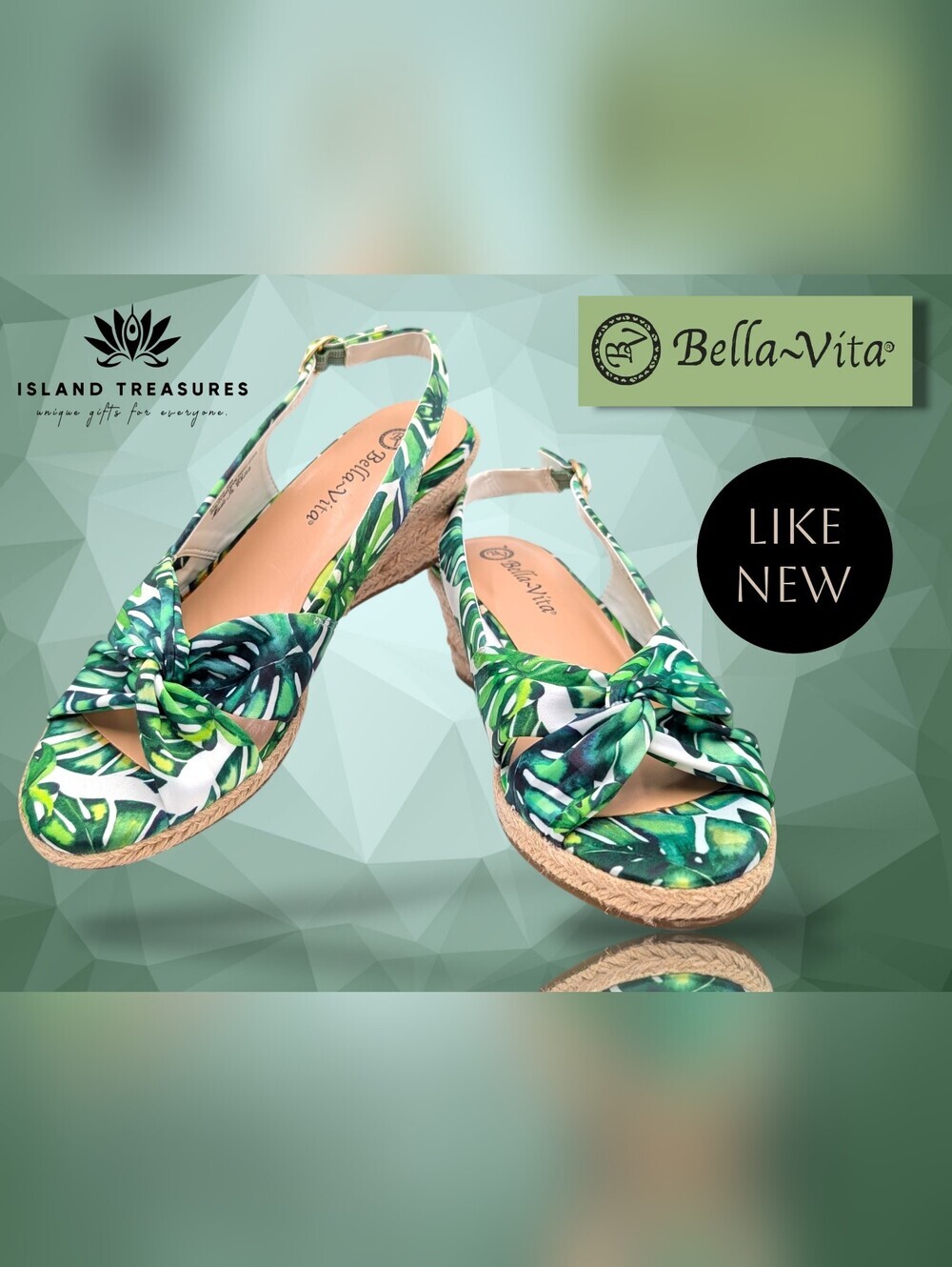 Bella Vita Size 9M Tropical Leaf Espadrille Wedge Sandals Slingback Gold Buckle